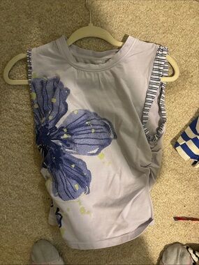 Anthropologie Light Gray Tank with Blue Floral Print and Yellow Accents